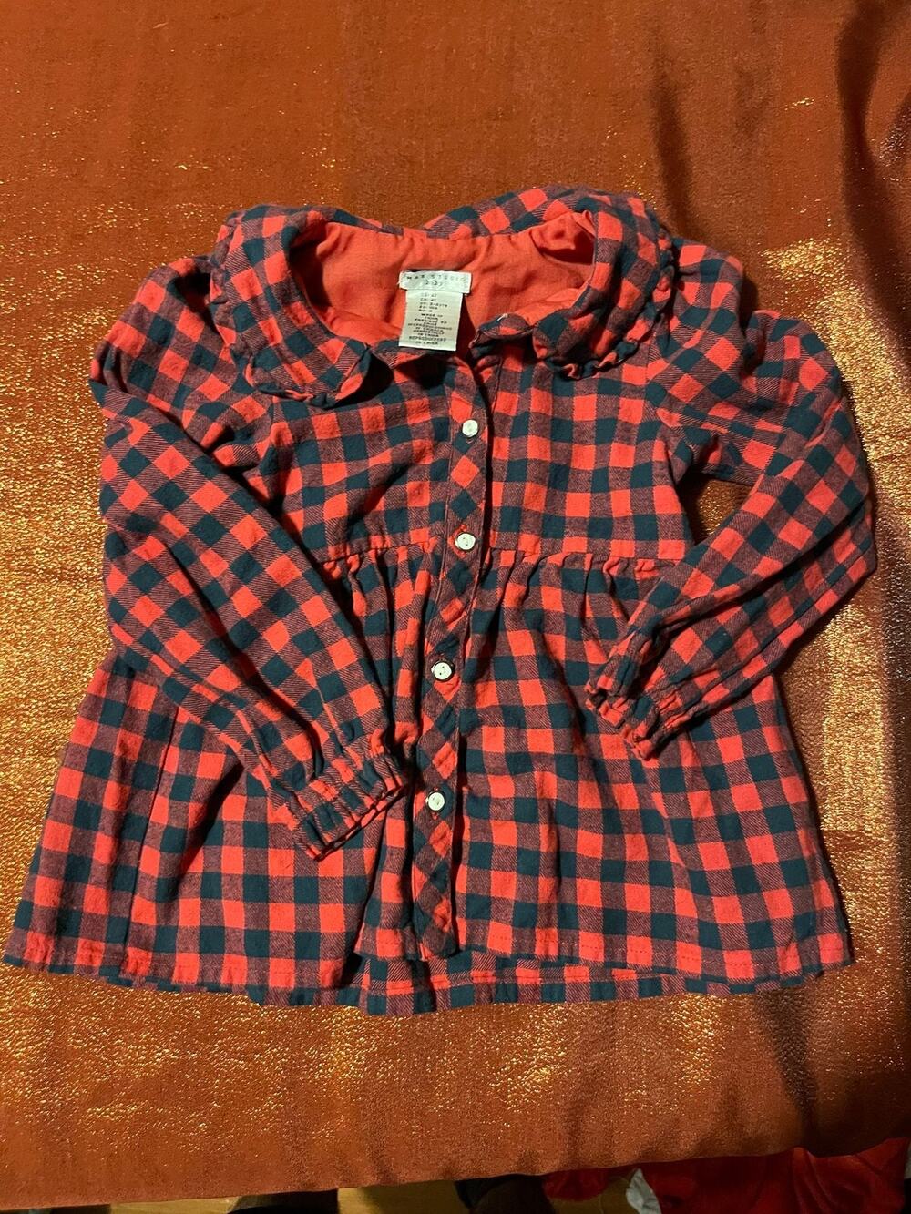 Max Studio Baby Shirt Girls 4T Red Black Buffalo Plaid Button Front Ruffle